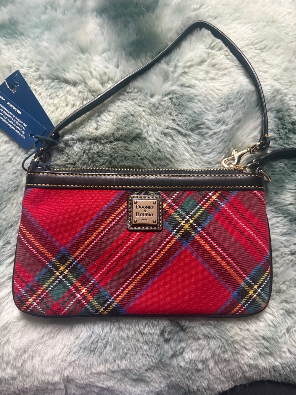 NWT Dooney & Bourke Red Tartan Wristlet with Brown Trim